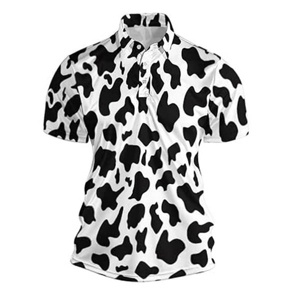MIXUE Polo Shirts For Men Cow Print Lapel Button Down Short Sleeve Beach Casual Comfortable Tops Daily-Wear,White,XL