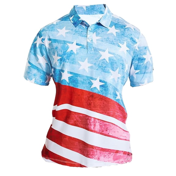 MIXUE Polo Shirts For Men Flag Print Lapel Button Down Short Sleeve Casual Slim Fit Comfortable Breathable Tops Activewear,Blue,XXXL
