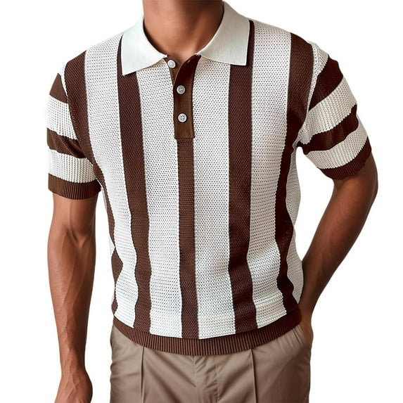 MIXUE Polo Shirts For Men Knit Striped Print Color Block Lapel Short Sleeve Casual Tops Sportswear,Brown,XXXL