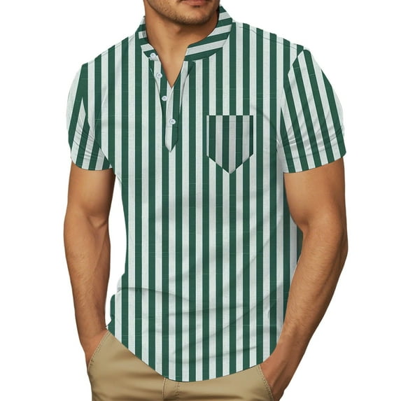 MIXUE Polo Shirts For Men Striped Lapel Button Down Short Sleeve Slim Fit Casual Beach Pockets Tops Sportswear,Green,L