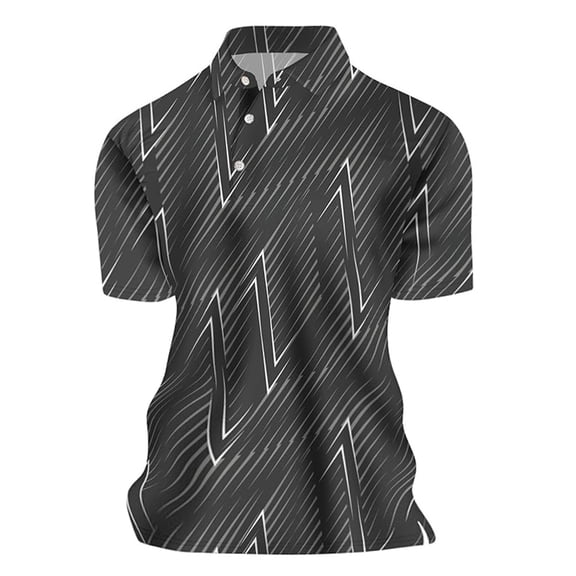 MIXUE Polo Shirts For Men Striped Print Lapel Button Down Short Sleeve Casual Slim Fit Tops Streetwear,Gray,S
