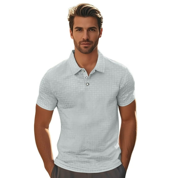 MIXUE Polo Shirts For Men Summer Corduroy Solid Color Plaid Lapel Button Down Short Sleeve Loose Casual Business Tee Shirts Activewear,Gray,S