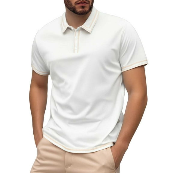 MIXUE Polo Shirts For Men Summer Line Solid Color Lapel Button Down Short Sleeve Fashion Casual Comfortable Breathable Tee Shirts Activewear,White,M