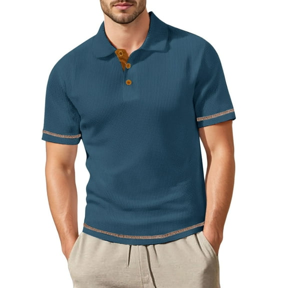 MIXUE Polo Shirts For Men Summer Mesh Ice Silk Solid Color Lapel Button Down Short Sleeve Slim Casual Sportswear,Blue,XXL