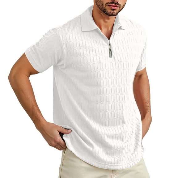 MIXUE Polo Shirts For Men Summer Mesh Solid Color Lapel Zipper Short Sleeve Slim Fit Casual Activewear,White,L