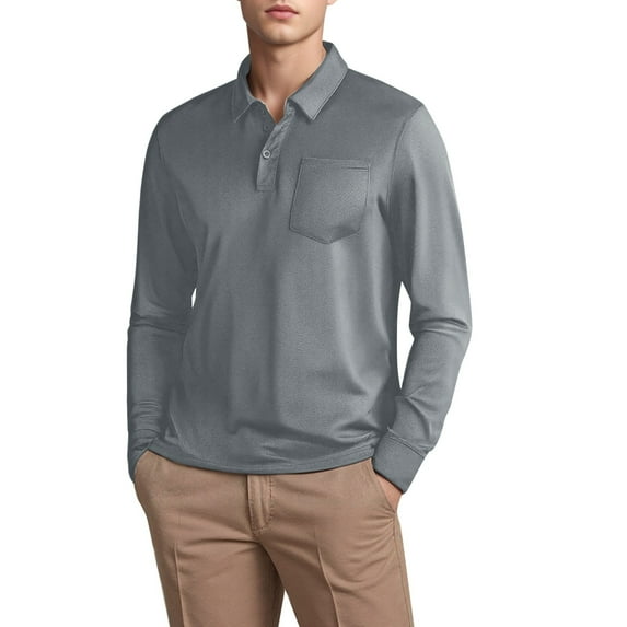 MIXUE Polo Shirts For Men Summer Solid Color Lapel Button Down Long Sleeve Casual Classic Basic T Shirts Daily-Wear,Gray,XL