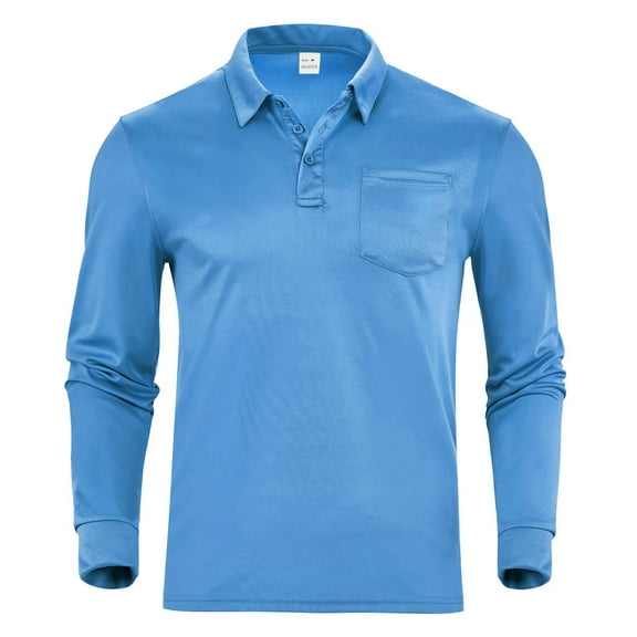 MIXUE Polo Shirts For Men Summer Solid Color Lapel Button Down Long Sleeve Casual Classic Basic T-shirts Daily-Wear,Blue,XL