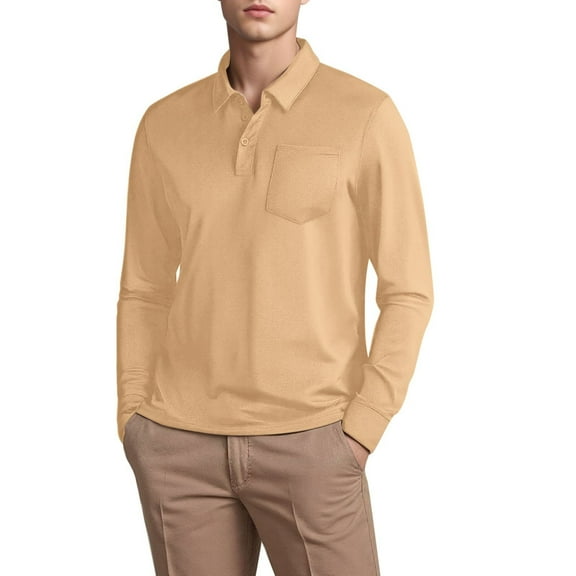 MIXUE Polo Shirts For Men Summer Solid Color Lapel Button Down Long Sleeve Casual Classic Basic Tshirts Activewear,Brown,XXXL