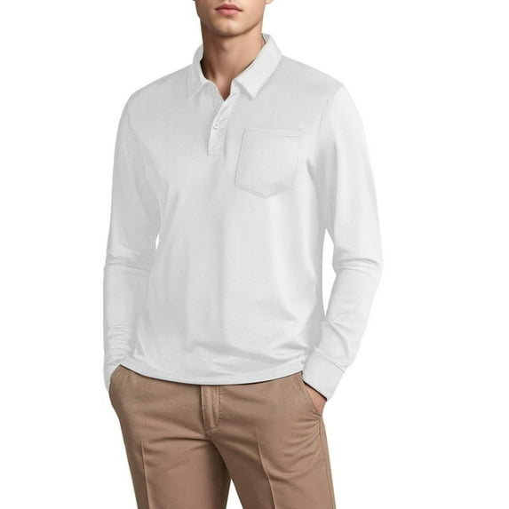 MIXUE Polo Shirts For Men Summer Solid Color Lapel Button Down Long Sleeve Casual Classic Basic Tshirts Streetwear,White,L