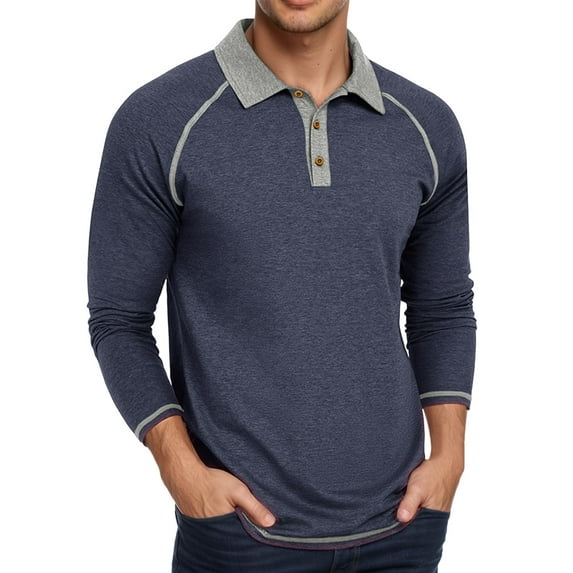 MIXUE Polo Shirts For Men Summer Solid Color Lapel Button Down Long Sleeve Casual Comfortable Breathable Daily-Wear,Blue,XL