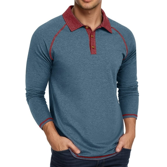 MIXUE Polo Shirts For Men Summer Solid Color Lapel Button Down Long Sleeve Casual Comfortable Breathable Holiday Wear,Blue,XXL