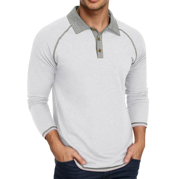 MIXUE Polo Shirts For Men Summer Solid Color Lapel Button Down Long Sleeve Slim Fit Casual Daily-Wear,White,XL