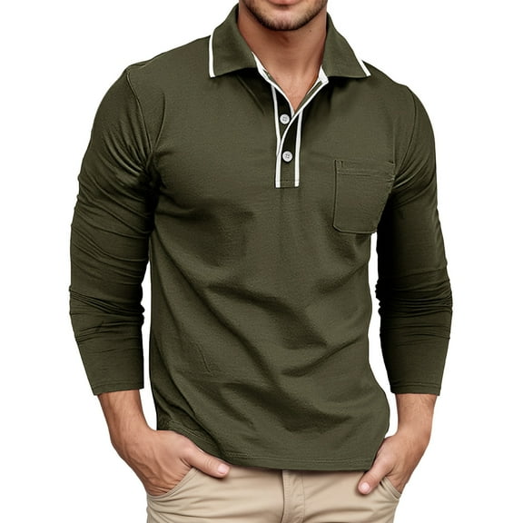 MIXUE Polo Shirts For Men Summer Solid Color Lapel Button Down Long Sleeve Slim Fit Casual Outwear,Green,S