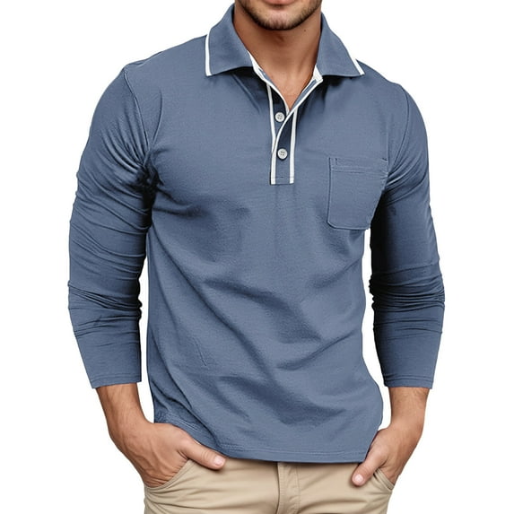 MIXUE Polo Shirts For Men Summer Solid Color Lapel Button Down Long Sleeve Slim Fit Casual Streetwear,Blue,L