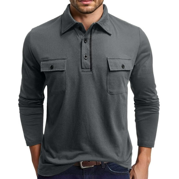 MIXUE Polo Shirts For Men Summer Solid Color Lapel Button Down Long Sleeve With Pockets Slim Fit Casual Streetwear,Gray,M