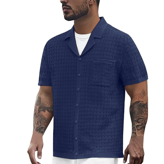 MIXUE Polo Shirts For Men Summer Solid Color Lapel Button Down Short Sleeve Business Casual Fashion Cardigan T Shirts Sportwear,Blue,XXXL
