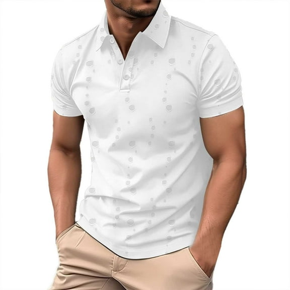 MIXUE Polo Shirts For Men Summer Solid Color Lapel Button Down Short Sleeve Fashion Comfortable T Shirts Daily-Wear,White,XL
