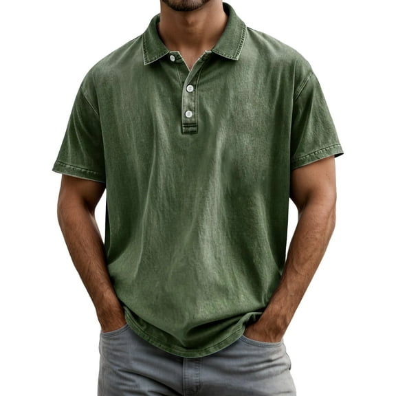 MIXUE Polo Shirts For Men Summer Solid Color Lapel Button Down Short Sleeve Loose Fit Casual Vintage Holiday Wear,Green,XL