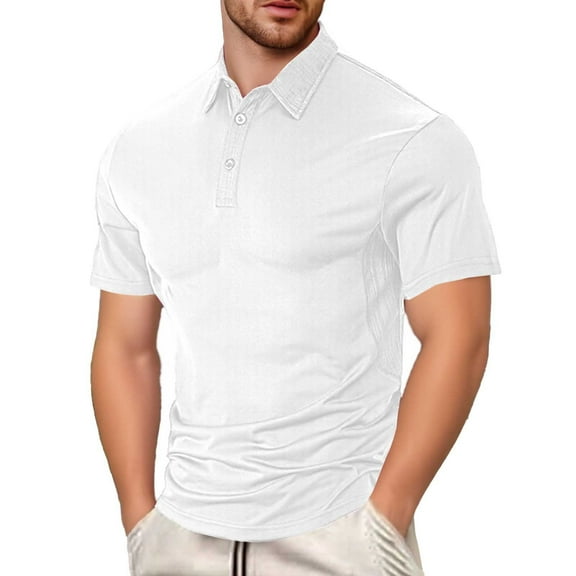 MIXUE Polo Shirts For Men Summer Solid Color Lapel Button Down Short Sleeve Slim Fashion Comfortable T Shirts Sportwear,White,M