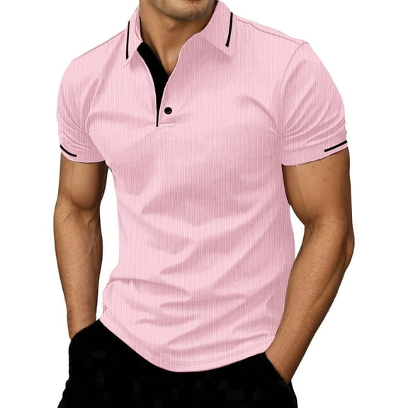 MIXUE Polo Shirts For Men Summer Solid Color Lapel Button Down Short Sleeve Slim Fit Casual Activewear,Pink,M
