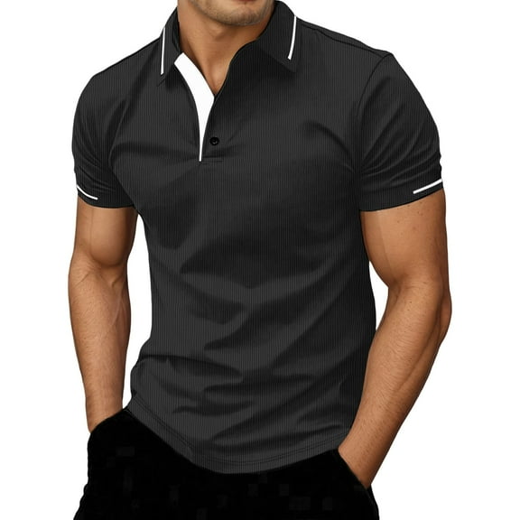 MIXUE Polo Shirts For Men Summer Solid Color Lapel Button Down Short Sleeve Slim Fit Casual Holiday Wear,Black,XL