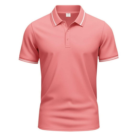 MIXUE Polo Shirts For Men Summer Solid Color Lapel Button Down Short Sleeve Slim Tee Shirts Outwear,Pink,XXXL
