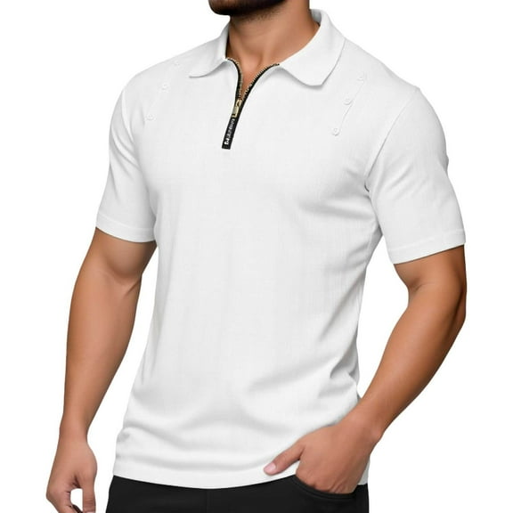 MIXUE Polo Shirts For Men Summer Solid Color Lapel Zipper Short Sleeve Fashion Comfortable T-shirts Daily-Wear,White,XL
