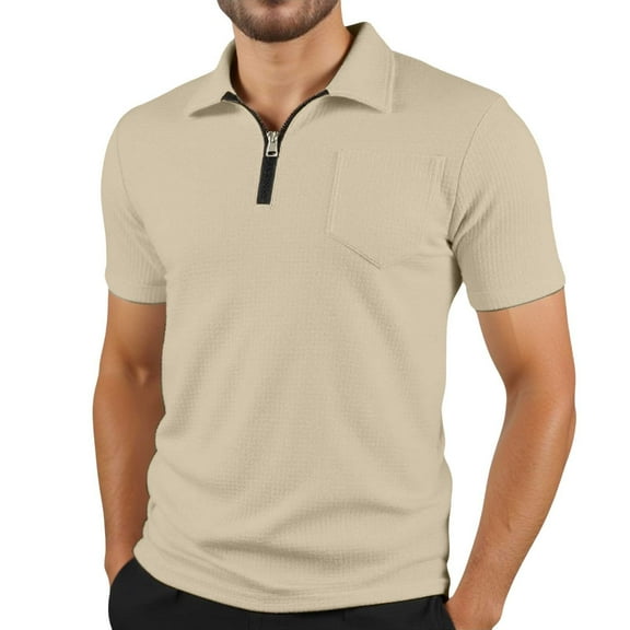 MIXUE Polo Shirts For Men Summer Solid Color Lapel Zipper Short Sleeve Pocket Fashion Comfortable Tee Shirts Outwear,Brown,S