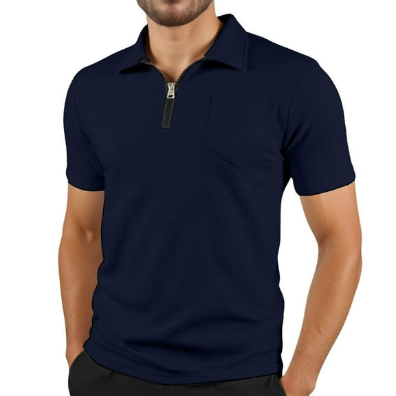 MIXUE Polo Shirts For Men Summer Solid Color Lapel Zipper Short Sleeve Pocket Fashion Comfortable Tshirts Outwear,Blue,S