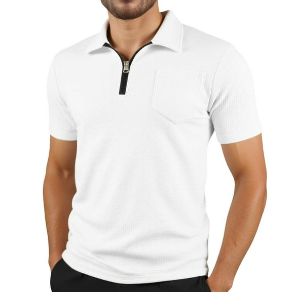 MIXUE Polo Shirts For Men Summer Solid Color Lapel Zipper Short Sleeve Pocket Fashion Comfortable Tshirts Outwear,White,S