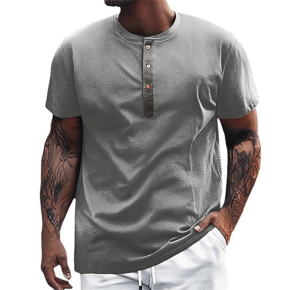 MIXUE Polo Shirts For Men Summer Solid Color Round Neck Button Down Short Sleeve Casual Tee Shirts Outwear,Gray,S