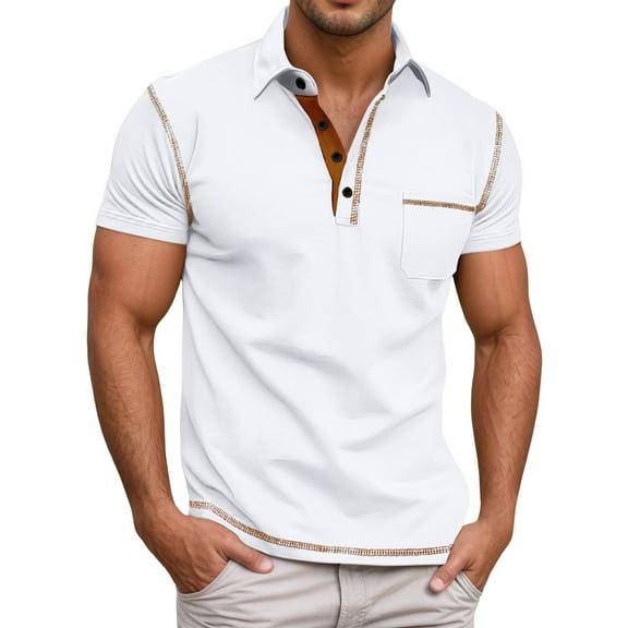 MIXUE Polo Shirts For Men Summer Solid Color Striped Lapel Short Sleeve Pocket Tops Pullover T Shirts Activewear,White,S