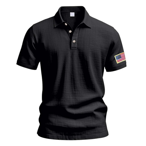 MIXUE Polo Shirts For Men Summer Fourth Of July Independence Day Flag Embroidered Solid Color Lapel Button Down Short Sleeve Slim Casual Daily-Wear,Black,M