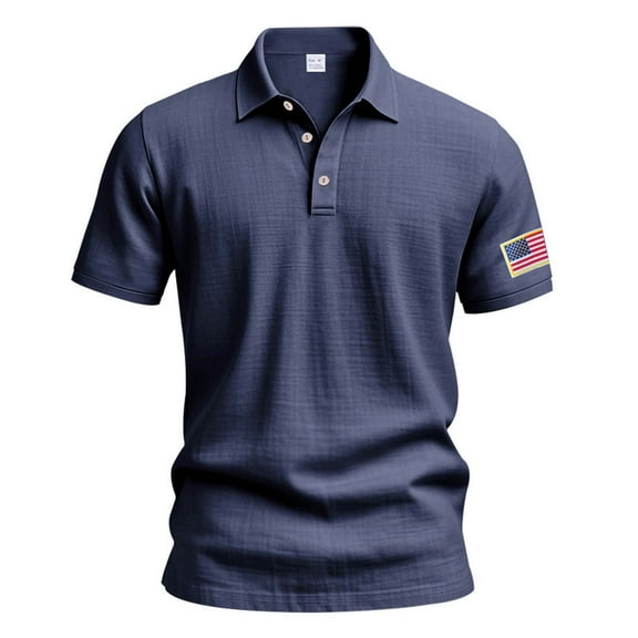 MIXUE Polo Shirts For Men Summer Fourth Of July Independence Day Flag Embroidered Solid Color Lapel Button Down Short Sleeve Slim Casual Sportswear,Blue,XXL