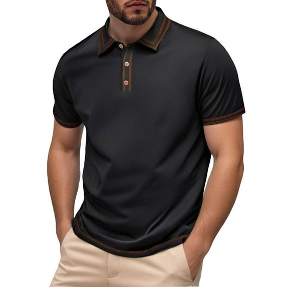 MIXUE Polo Shirts For Men Summer Line Solid Color Lapel Button Down Short Sleeve Fashion Casual Comfortable Breathable Tee Shirts Activewear,Black,XXL
