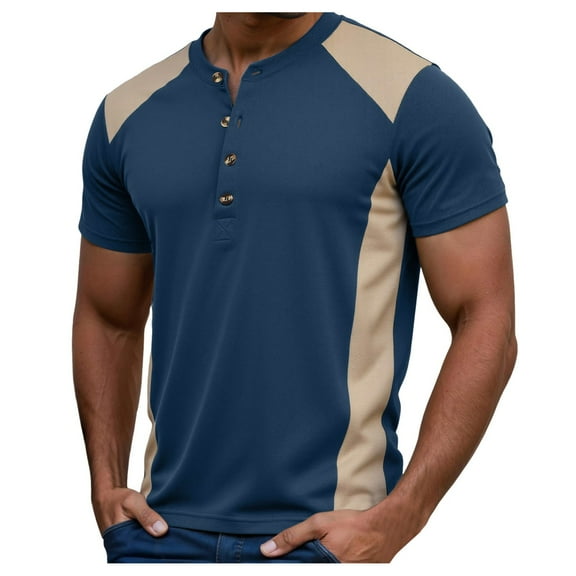 MIXUE Shirts For Men Summer Color Block Print Round Neck Button Down Short Sleeve Slim Fit Casual Pullover Tops T-shirts Streetwear,Blue,L