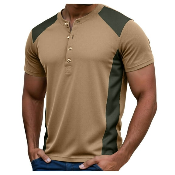 MIXUE Shirts For Men Summer Color Block Print Round Neck Button Down Short Sleeve Slim Fit Casual Pullover Tops Tshirts Outwear,Brown,S