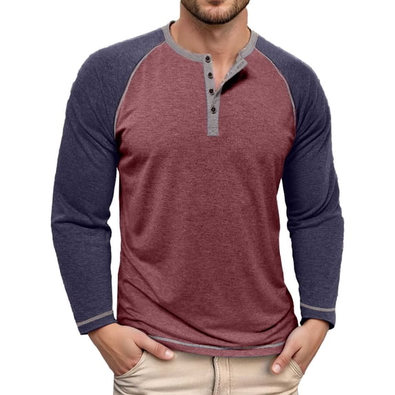 MIXUE Shirts For Men Summer Color Block Print Round Neck Button Long Sleeve Slim Fit Casual Basic Soft Pullover Tops T Shirts Daily-Wear,Red,XXXL