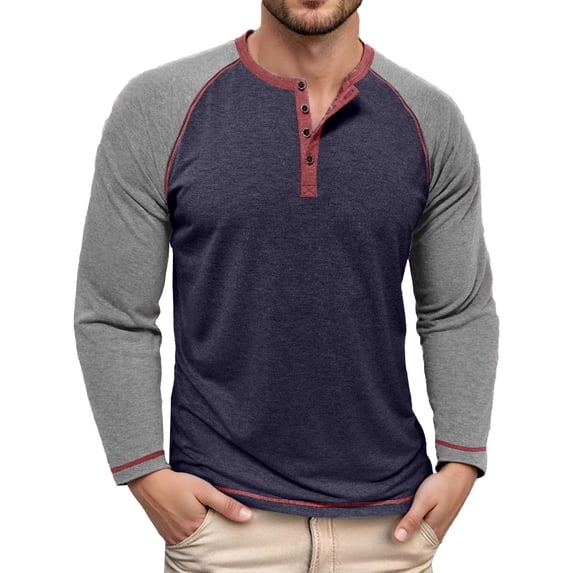 MIXUE Shirts For Men Summer Color Block Print Round Neck Button Long Sleeve Slim Fit Casual Basic Soft Pullover Tops T-shirts Outwear,Blue,XXL