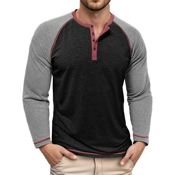 MIXUE Shirts For Men Summer Color Block Print Round Neck Button Long Sleeve Slim Fit Casual Basic Soft Pullover Tops Tee Shirts Daily-Wear,Black,XXXL
