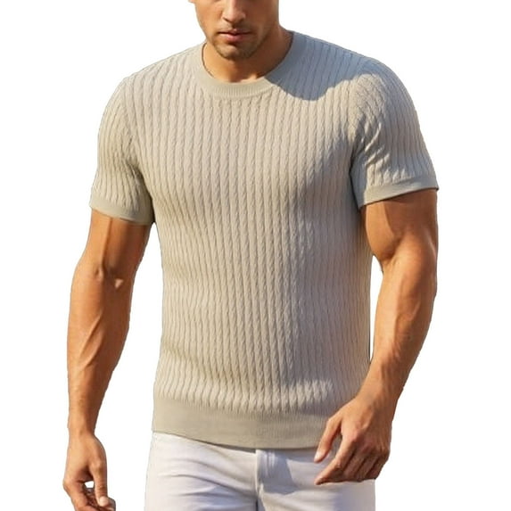 MIXUE Shirts For Men Summer Knit Solid Color Round Neck Short Sleeve Casual Pullover Tops T-shirts Outwear,Brown,XL