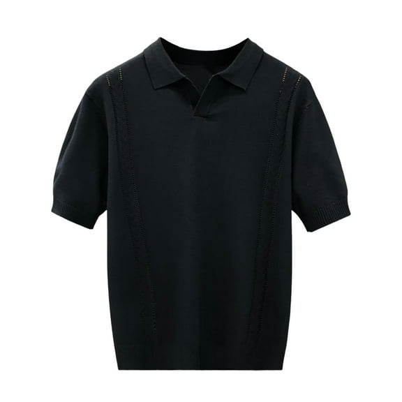 MIXUE Shirts For Men Summer Knitted Solid Color Lapel Short Sleeve Loose Pullover Tops T-shirts Outwear,Black,XL