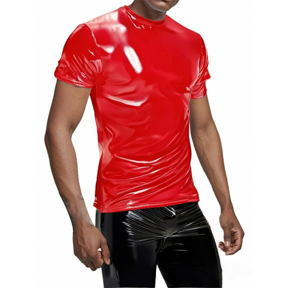 MIXUE Shirts For Men Summer Leather Solid Color Round Neck Short Sleeve Casual Party Club Pullover Tops T Shirts Sportswear,Red,S