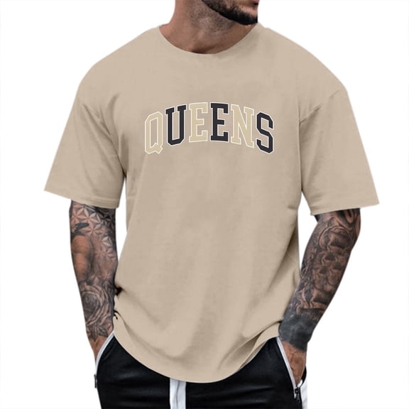 MIXUE Shirts For Men Summer Letter Print Round Neck Short Sleeve Casual Fit Pullover Tops T-shirts Streetwear,Brown,L