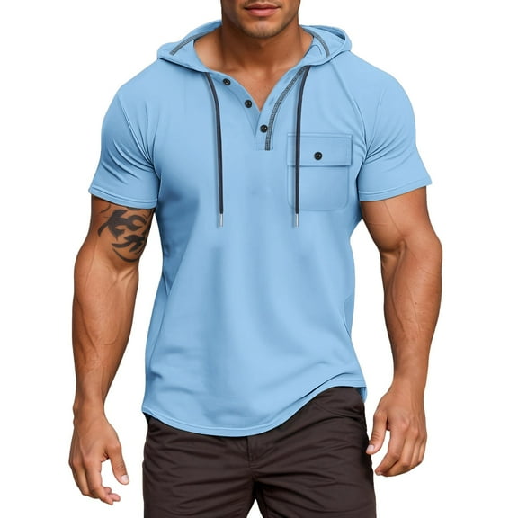MIXUE Shirts For Men Summer Solid Color Hooded Button Down Short Sleeve Slim Fit Casual Classic Pullover Tops Tshirts Activewear,Blue,M