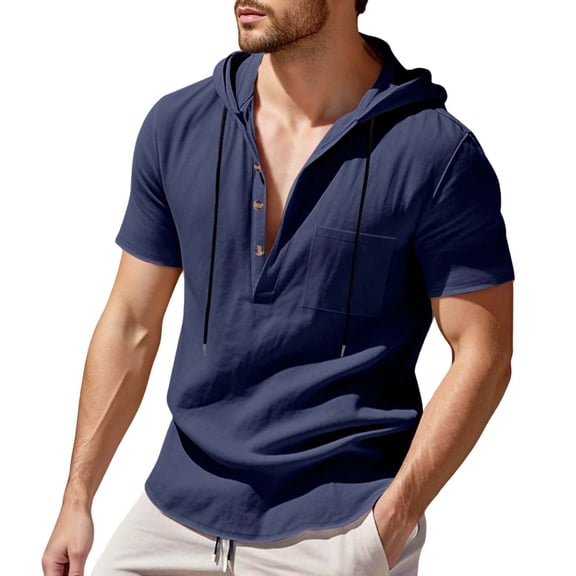MIXUE Shirts For Men Summer Solid Color Hooded Button Short Sleeve Loose Fit Casual Pullover Tops T-shirts Activewear,Blue,L