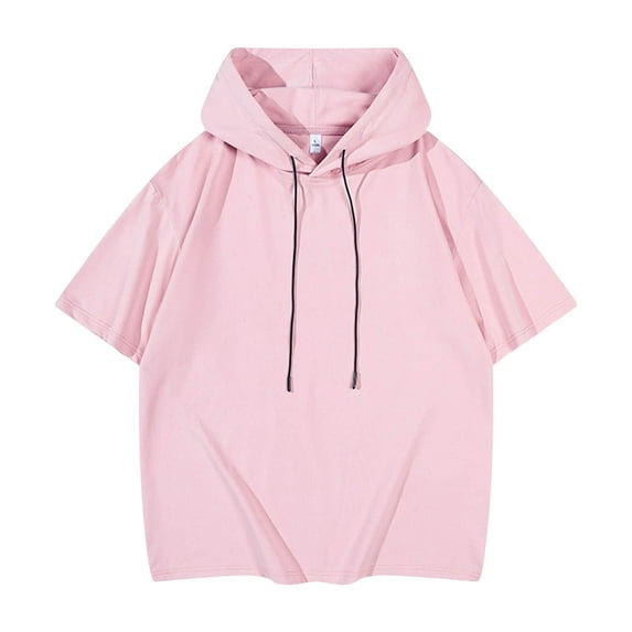 MIXUE Shirts For Men Summer Solid Color Hooded Short Sleeve Loose Fit Casual Breathable Pullover Tops T-shirts Streetwear,Pink,XXL