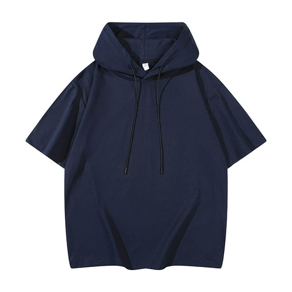 MIXUE Shirts For Men Summer Solid Color Hooded Short Sleeve Loose Fit Casual Breathable Pullover Tops Tshirts Outwear,Blue,XL