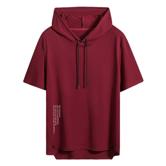 MIXUE Shirts For Men Summer Solid Color Hooded Short Sleeve Sports Loose Casual Pullover Tops T Shirts Daily-Wear,Red,L