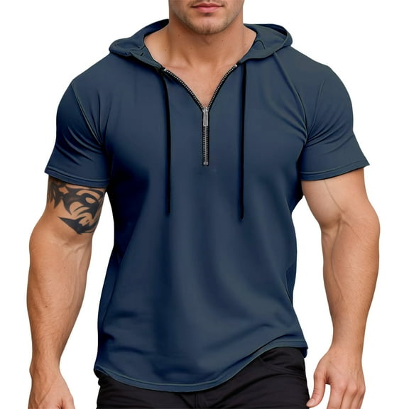 MIXUE Shirts For Men Summer Solid Color Hooded Zipper Short Sleeve Slim Fit Casual Pullover Tops Tshirts Outwear,Blue,M